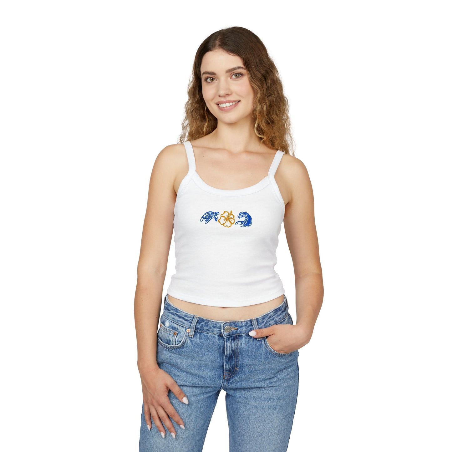 Sea turtle Tank Top - Blue Wave & Gold Floral Minimal Crop