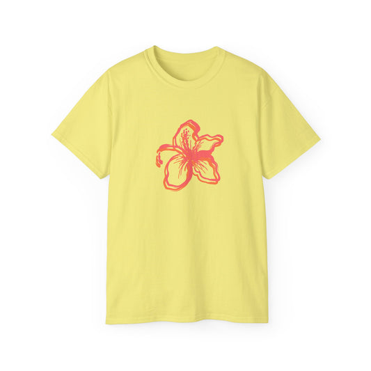 Hibiscus Sketch Tee — Coral Hand-Drawn Flower Graphic Shirt